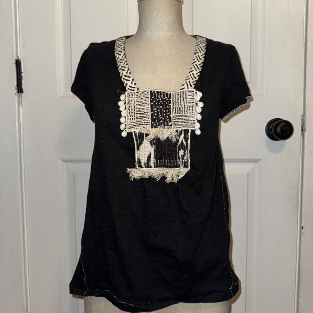 NEW Anthropologie Meadow Rue Black Blouse Appliqué Size S